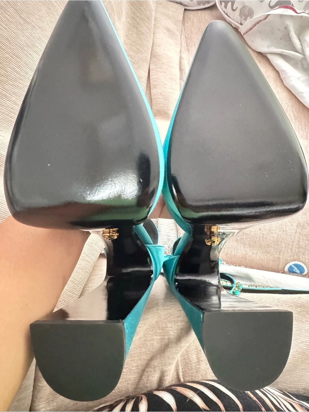 Versace Turquoise Satin Pointed Platform Ankle Strap Pumps